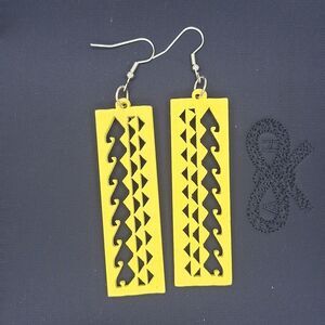 Yellow Wood rectangle earrings hollowed out carved abstract design